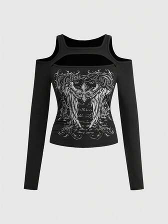 Grunge Punk Maglietta da donna a maniche lunghe con scollo a spalle scoperte, stile punk sexy Y2K, con stampa di ali e rampicanti, impreziosita da strass