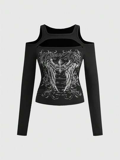 Grunge Punk Y2K Sexy Punk Style Wing & Vine Print Rhinestone Embellished Off-Shoulder Long Sleeve Women T-Shirt