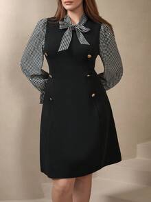 Chikora 大码格子蝴蝶结领长灯笼袖黑色连衣裙，双排扣金属纽扣，优雅学院风秋季连衣裙，适合工作和休闲穿着 - 黑色 - 查看 3