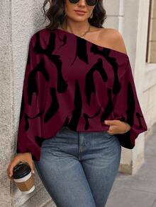 EMERY ROSE Áo sơ mi tay cánh dơi dáng rộng, cổ bẻ, họa tiết bất đối xứng, thanh lịch, cỡ lớn dành cho nữ - Màu đỏ tím - Xem 3
