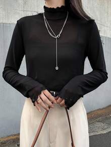 FRIFUL Women's Mesh Sheer High Neck Tee,See-Through Blouse For Summer Long Sleeve Women - Black - View 2