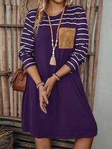 EMERY ROSE Große Größen einfarbiges gestreiftes Patchwork Rundhals Langarm Kleid