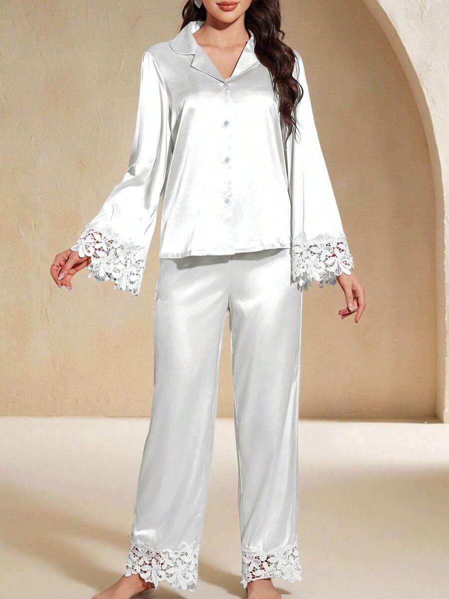 Anewsta 2 Stück Damen Spitzenbesatz Schlafanzug Set Braut Wäsche, gemütliche und elegante Details für Herbst und Winter Kleidung - Weiss - Übersicht 1