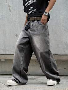 Manfinity EMRG Męskie luźne, swobodne jeansy z szerokimi nogawkami i kieszeniami - Jasnoszary - Zobacz 5