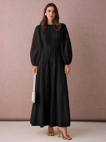 Enchnt 纯色圆领褶皱优雅时尚长袖连衣裙 - 黑色 - 查看 4