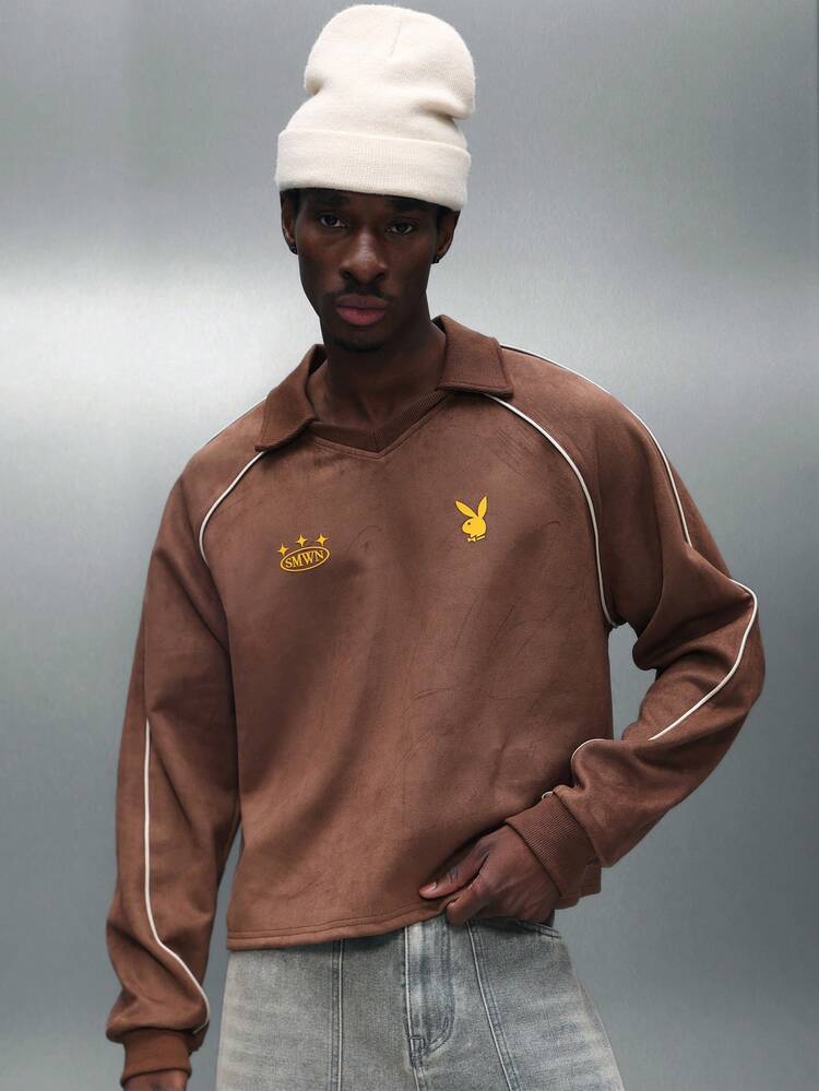 PLAYBOY X SUMWON 로고가 있는 긴팔 스웨이드 폴로