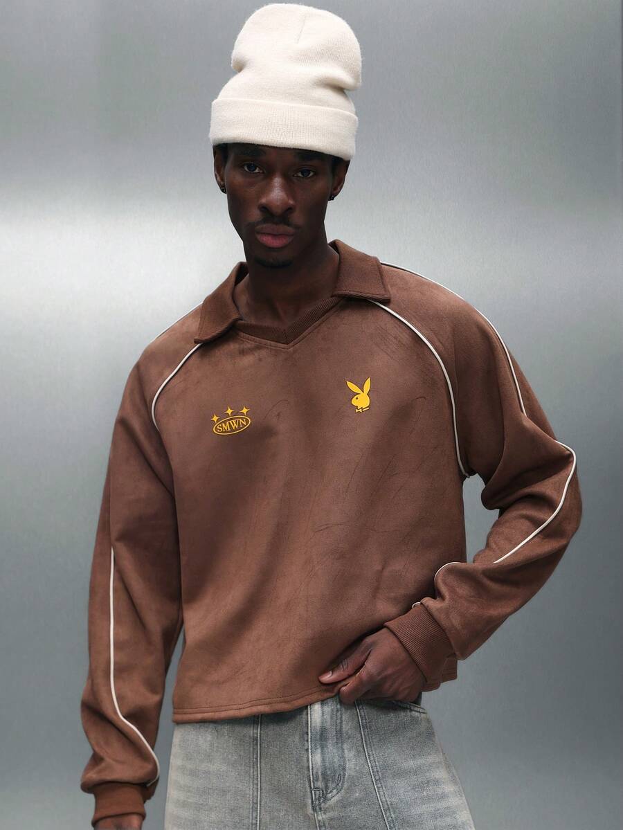 PLAYBOY X SUMWON Áo thun polo tay dài họa tiết da lộn dáng ôm vừa vặn có logo thêu cổ điển, thường ngày cho mùa thu - màu nâu - Xem 1