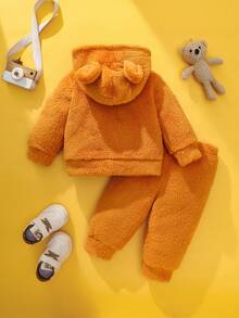 SHEIN Baby Boy Winter Clothing Yellow Zip-Up Hoodie Set Soft Fleece Fabric Cute And Playful Embroidery 3D Ear Tab Baby Clothes Sets - Yellow - View 3