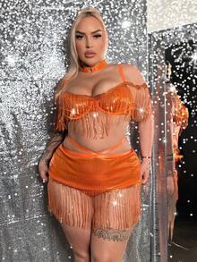 4 pièces Set matelassé à paillettes et gland et jupe moulante sexy grande taille Lingerie