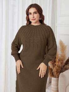 Lacomfia Gaun Rajut Elegan Wanita Ukuran Besar dengan Motif Kabel, Leher Bulat, Lengan Raglan, Lengan Panjang, Musim Gugur/Musim Dingin - Coffee Brown - View 1
