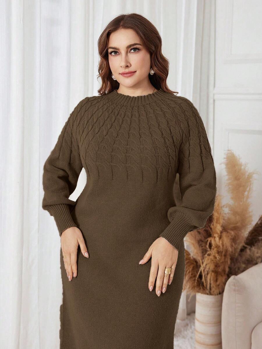 Lacomfia Gaun Rajut Elegan Wanita Ukuran Besar dengan Motif Kabel, Leher Bulat, Lengan Raglan, Lengan Panjang, Musim Gugur/Musim Dingin - Coffee Brown - View 1
