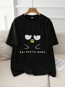 HELLO KITTY AND FRIENDS | SHEIN Men's Casual Everyday Commute Cute Cartoon & Letter Print Dropped Shoulder Loose Black T-Shirt, Summer - Black - View 1