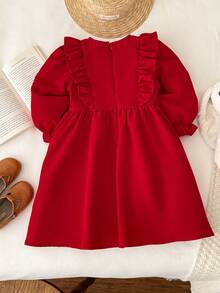 Blossori Gaun Lengan Panjang Berenda Elegan Gaya Prancis untuk Anak Perempuan Muda - Merah - View 2