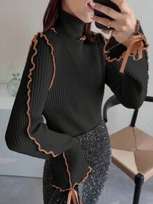 FRIFUL Women's Turtleneck Ribbed Contrast Stitching Fitted Cuff Bowknot Casual Thick Sweater - Black - View 2