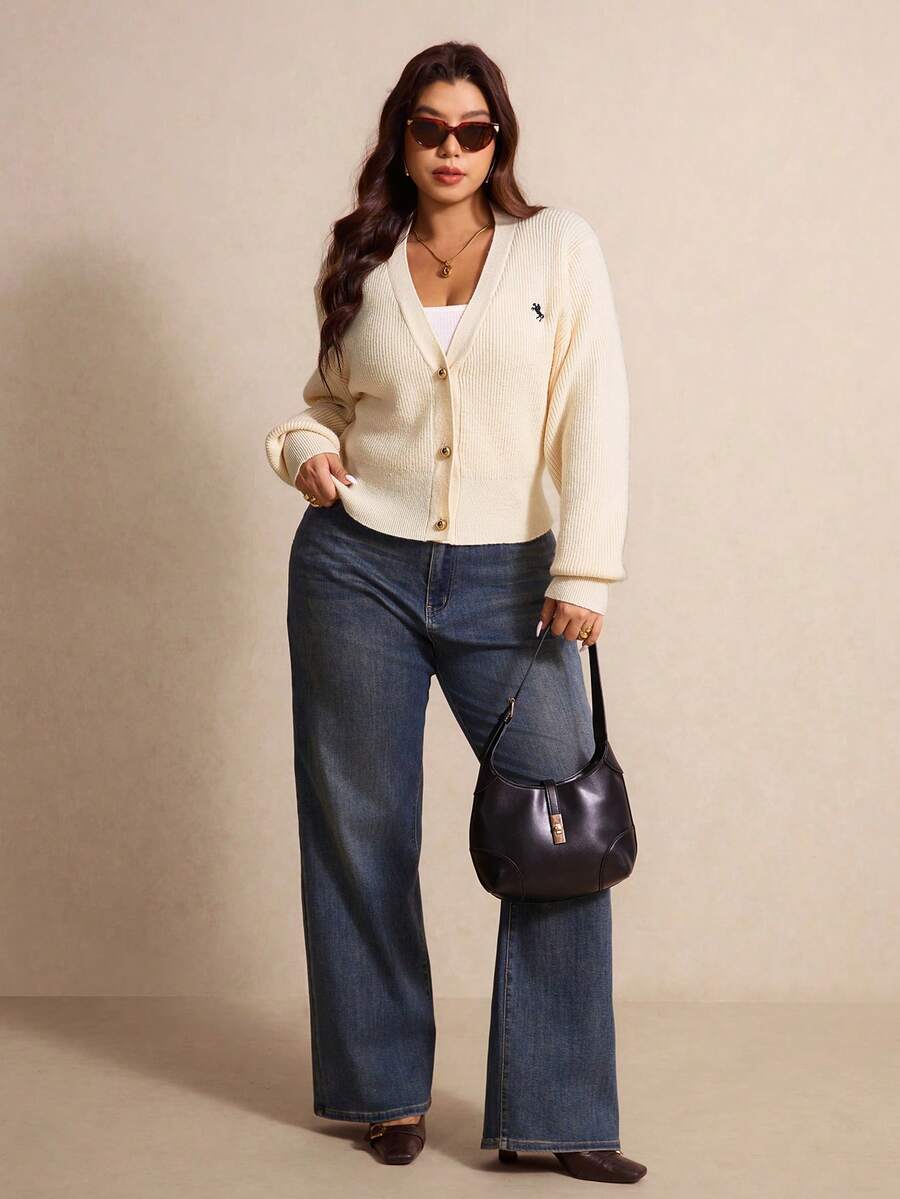 Elaquor Plus Size Women Casual Solid Color Embroidered Cardigan, Autumn/Winter - Apricot - View 1