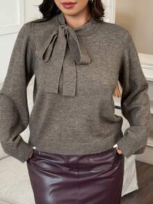 Dazy Plus 大码女式纯色宽松圆领蝴蝶结优雅套头毛衣，秋冬款 - 卡其色 - 查看 3