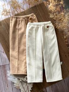 SHEIN 2件套女童灯芯绒纯色保暖内衬弹力腰裤，秋冬季纯色灯芯绒蝴蝶结装饰弹力腰荷叶边休闲裤保暖柔软裤，适合女童秋冬保暖服装，婴儿保暖内衬裤，舒适中性色带绒里裤，可爱灯芯绒裤 - 彩色 - 查看 9