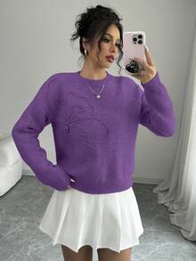 Elenzga 女式圆领花卉图案纯色套头毛衣 - Bold Plum - 查看 7