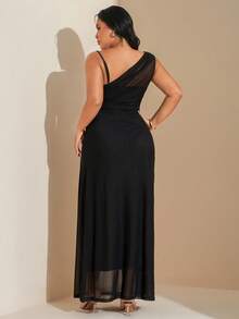 SHEIN Tall CURVE 加大码女式优雅简约时尚别致日常基本款职业办公室通勤网红音乐节海滩度假透明不对称领口褶皱紧身连衣裙，无袖 - 黑色 - 查看 2