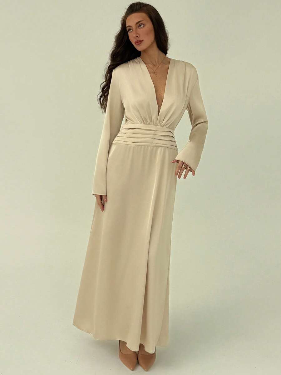 Aloruh Vestido Longo Romântico com Decote em V Profundo e Cintura Franzida para Mulheres - Damasco - Visão 1