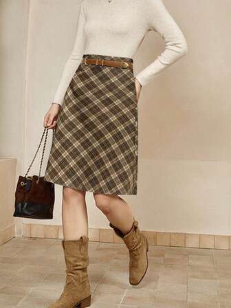 Cévolie Women's High Waist Casual Plaid Skirt