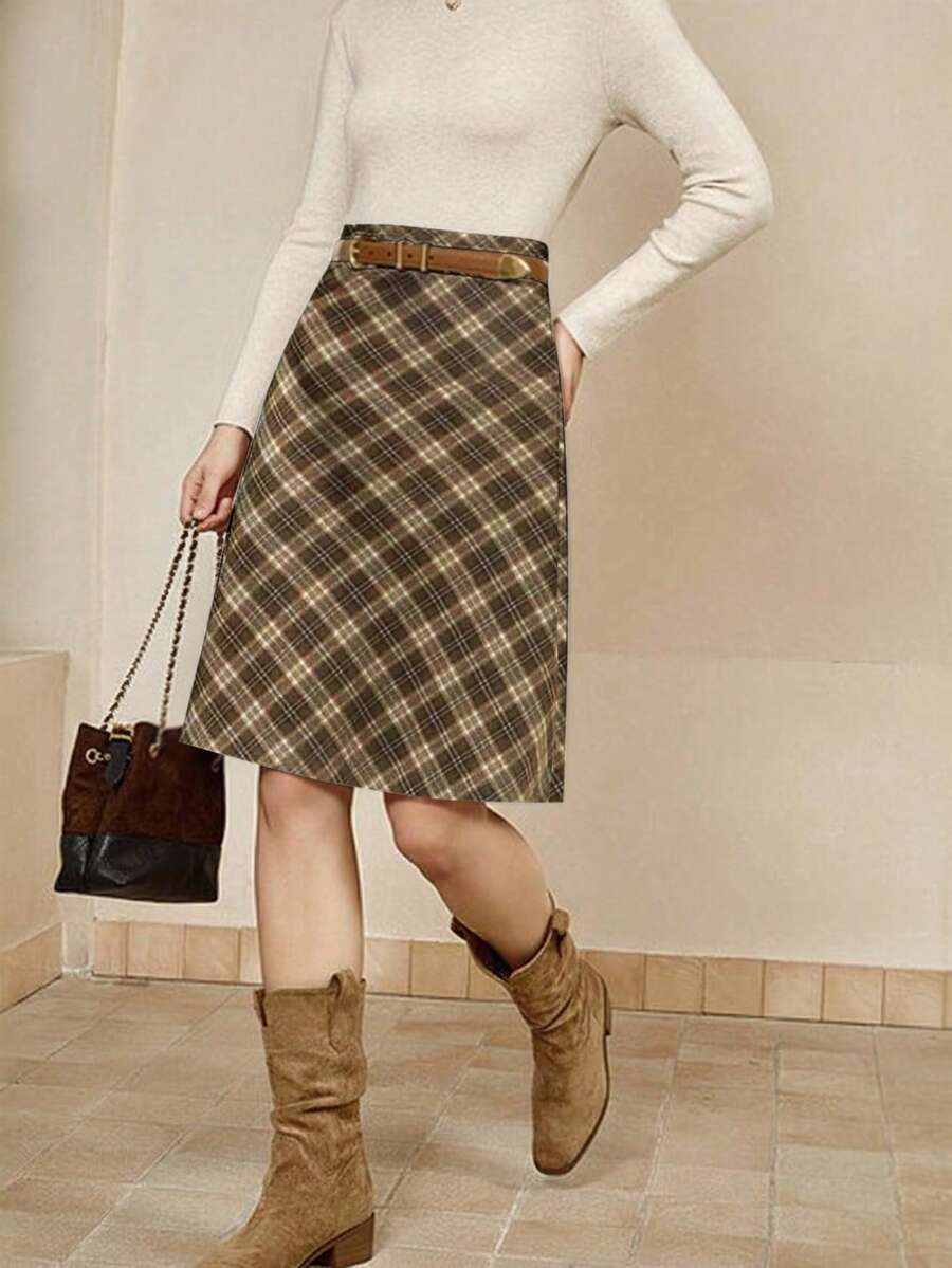 Cévolie Women's High Waist Casual Plaid Skirt