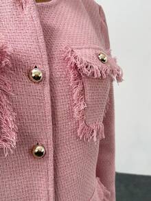 EURMUSE Women's Pink Tweed 2 Pieces Set – Long Sleeve Button Front Jacket With Fringe Pockets & High Waist Wide Leg Trousers, Elegant Casual Suit - Pink - View 6