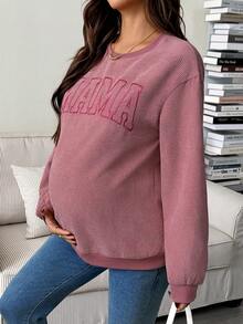 SHEIN Autumn And Winter Maternity Casual Commuter Letter Embroidery Sweatshirt Ribbed Long Sleeve Top Pullover For Women Women Long Sleeve Top Mama Sweatshirt Women Sweatshirt - Pink - View 5