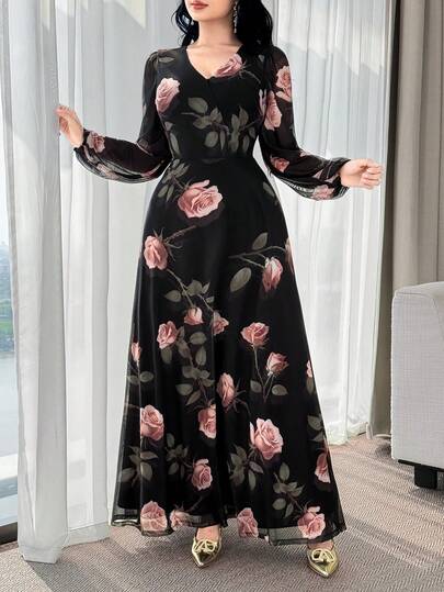 Feyla New Rose Flower Elegant Charming Elegant High-End Cinched Waist Dress For Women