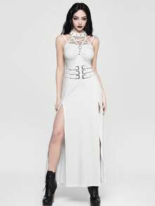 ROMWE Goth Women's Fashion Punk Patchwork Fishnet Halter Bodycon Split Midi Dress - White - View 1