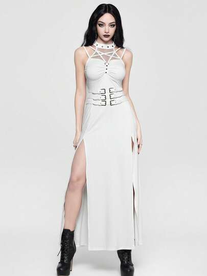 Goth Women's Fashion Punk Patchwork Fishnet Halter Bodycon Split Midi Dress