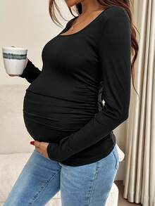 SHEIN Áo thun ôm dáng màu trơn đơn giản dành cho bà bầu, mùa thu - Xám - Xem 9