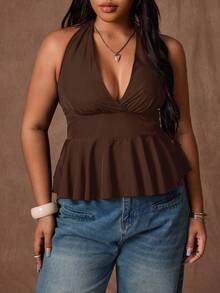 Rustia Plus Size Women Wide Strap Halter Neck Ruffle Hem Cinched Waist Casual Tank Top, Suitable For Work And Daily Wear Casual