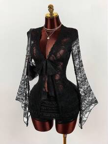 Amplova Women's Lace Long Sleeve Two Pieces Set, Sexy & Avant-Garde Sheer Lace Long Sleeve Coverup With Multi-Layer Cake Skirt, Super Short And Ultra Low Waist Mini Skirt Black See Through Two Pieces Set - Black - View 4