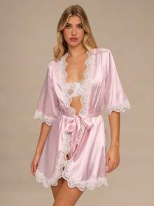 Enchnt Lace Patchwork Women's Robe Luxe Loungewear, Fall, Winter - Baby Pink - View 5