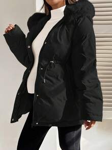 SHEIN Maternity Fashionable Versatile Drawstring Waist Faux Fur Hooded Jacket, Winter - Black - View 3