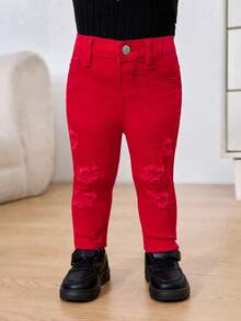 Baby Cute GirlRed Denim Ripped Skinny Jeans,Fall Clothes,Winter Clothing ,Casual And Fashionable Vacation Outfits,Girl Black Denim Jeans,Girl Christmas Jeans,Children's Party Outfits, - Red - View 7