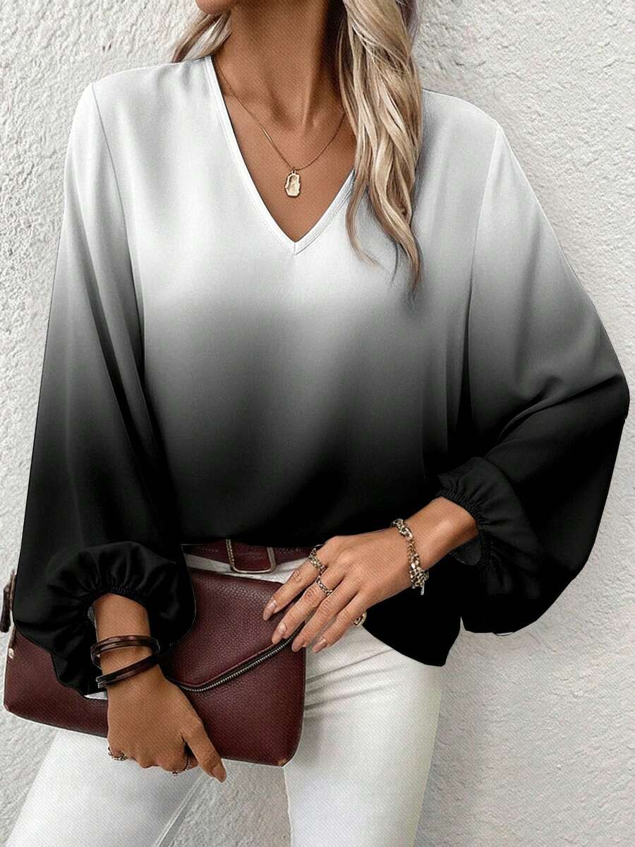 EMERY ROSE Plus Size Women Ombre Print V-Neck Lantern Sleeve Casual Shirt, Autumn/Winter