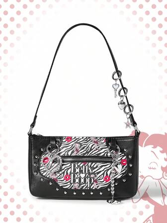 Betty Boop | ROMWE Bolso de hombro con estampado de dibujos animados vintage y estampado de cebra, bolso bohemio negro con tachuelas Y2K punk para fiesta y ropa de calle