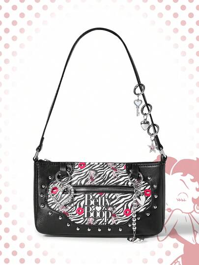 Betty Boop | ROMWE Vintage Cartoon Pattern & Zebra Print Shoulder Bag, Black Y2K Punk Studded Hobo For Party & Streetwear