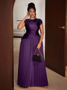 Maweii Plus Size Women Elegant Solid Color Pleated Round Neck Sleeveless Dress - Purple - View 7