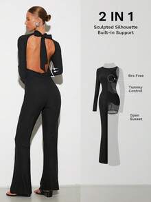 Nuvra Women's Long Sleeve High Neck Double Layer Shapewear Dress With Lining, Slimming, Waist Cinching, Butt Lifting, Full Length Body Shaper Backless Jumpsuit Long Sleeve Jumpsuits For Woman Unitard Jumpsuit Sexy Jumpsuits Surprise Dance Outfit - Black - View 1