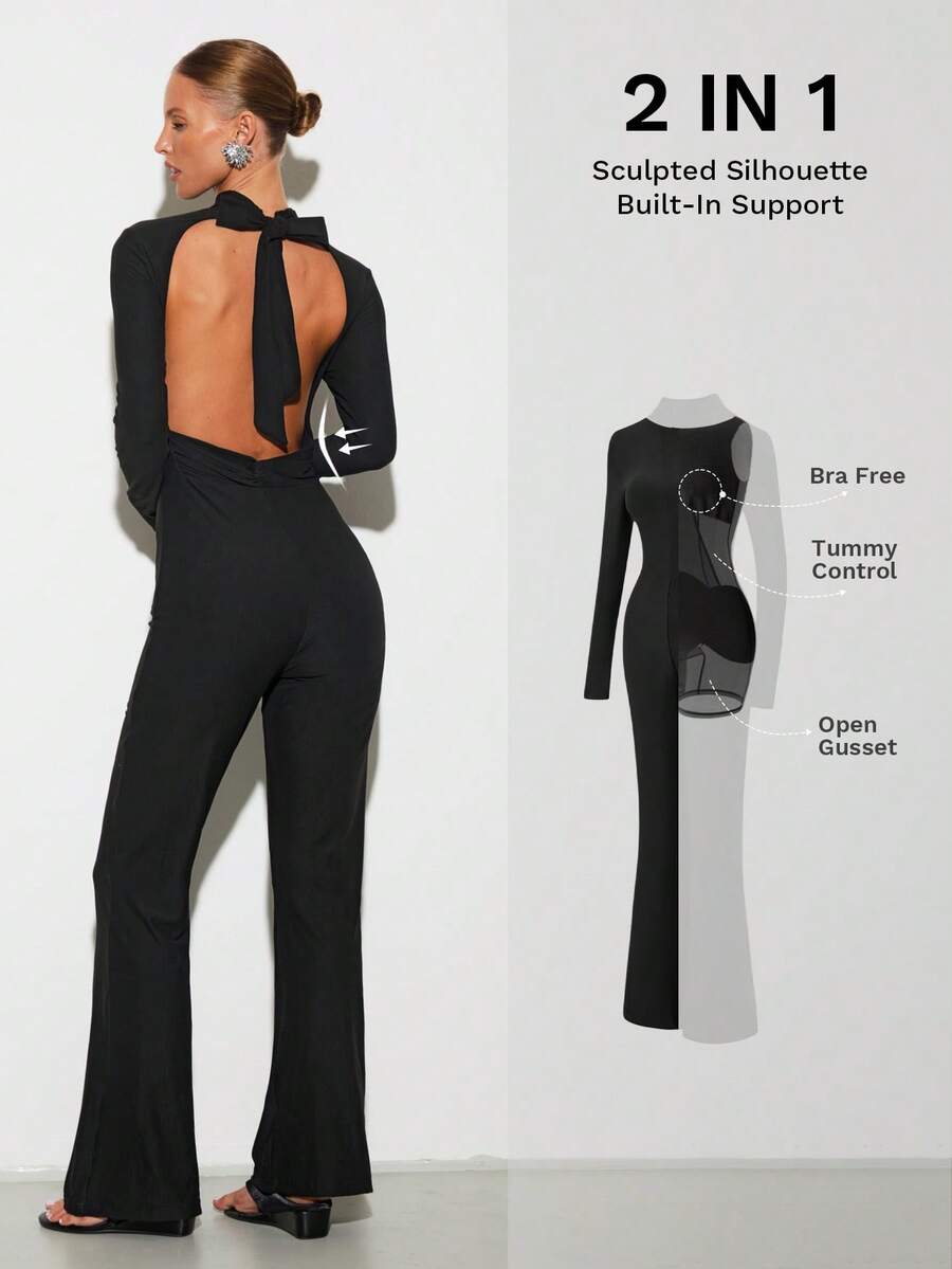Nuvra Women's Long Sleeve High Neck Double Layer Shapewear Dress With Lining, Slimming, Waist Cinching, Butt Lifting, Full Length Body Shaper Backless Jumpsuit Long Sleeve Jumpsuits For Woman Unitard Jumpsuit Sexy Jumpsuits Surprise Dance Outfit - Black - View 1