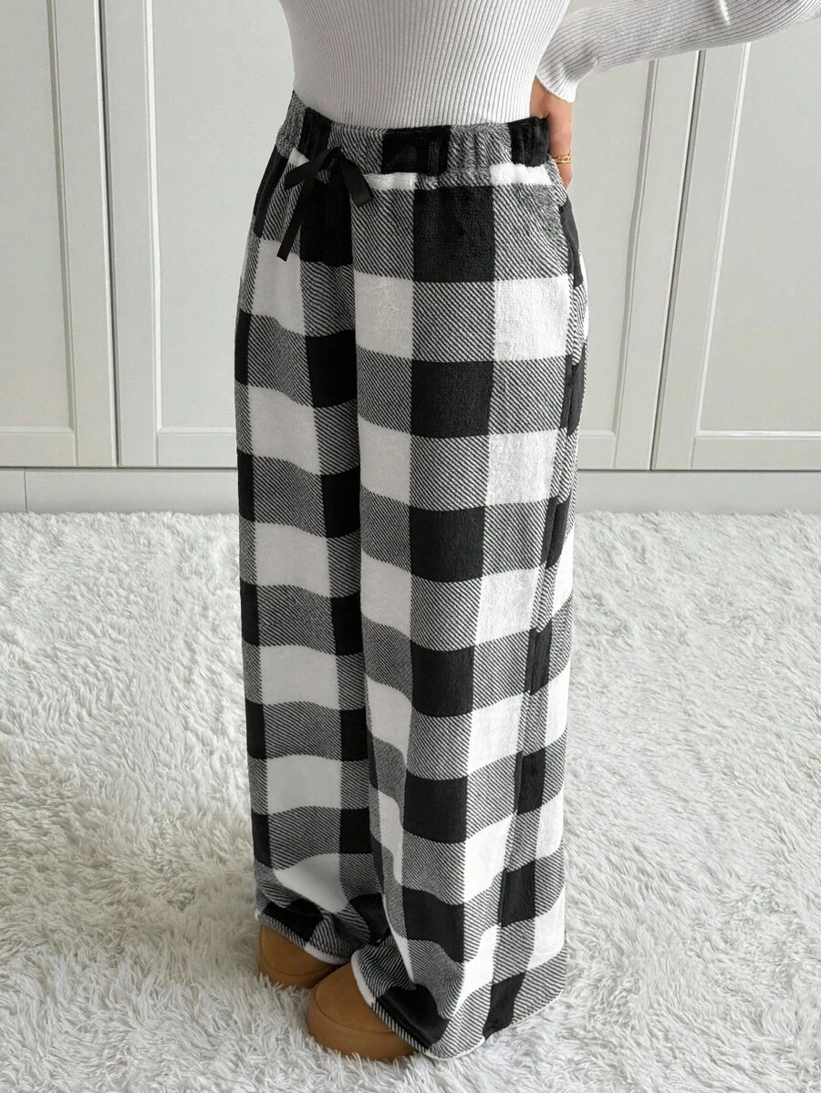 SHEIN Tall Women's Tie-Waist Fluffy Plaid Print Casual Wide Leg Baggy Pants Black And White Plaid Pants Wide Leg Pants Striped Palazzo Pants Wide Leg Striped Pants Palazzo Pants Women Fall Winter Thickened Pants