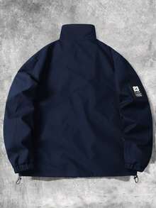 Aesthetic Post 男士休闲百搭运动立领长袖夹克，大图案印花，情侣款，大口袋，秋冬外套 - 藍色 - 查看 2