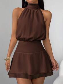 SHEIN PETITE Vestido de mujer sexy y elegante con cuello halter, cintura de gasa y volantes - Marrón - Ver 3