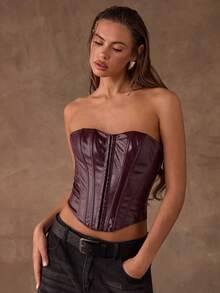SHEIN BAE 女士时尚性感纯色抹胸 - 酒紅色 - 查看 4