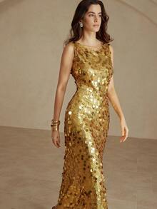 Aveloria Rosie 性感亮片网眼紧身圆领无袖派对连衣裙 - 金色 - 查看 3