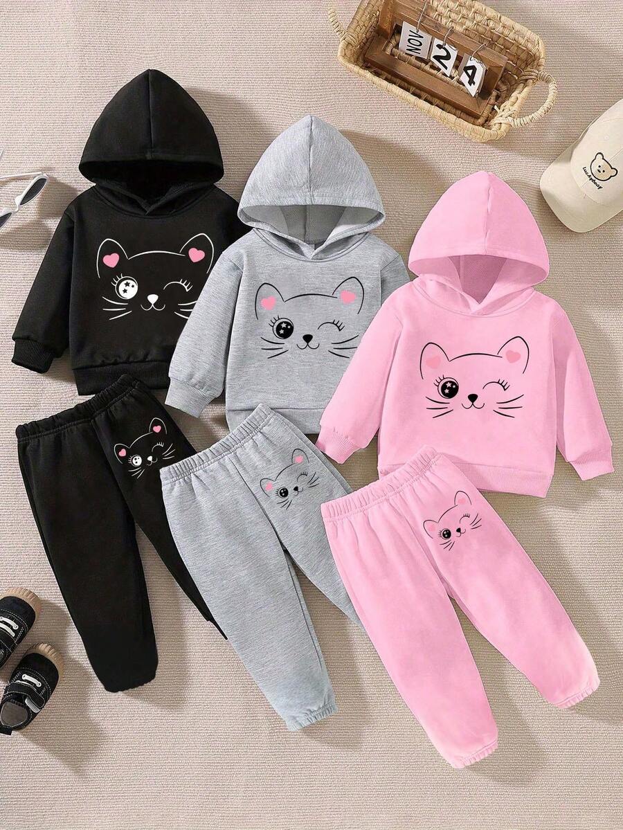 3 sztuki/zestaw Przytulne jesienno-zimowe stylizacje dla małych dziewczynek, swobodna moda, kreatywna bluza z kapturem i uroczym nadrukiem kotka i serca + spodnie dresowe 6-częściowy wygodny strój dla niemowląt dres dla dziewczynki dres dla niemowląt strój dla kota dla niemowląt zestawy codzienne dla niemowląt - Wielokolorowe - Zobacz 1