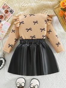 SHEIN Elladie kids 2件組女嬰卡其色長袖上衣配蝴蝶結印花與荷葉袖，黑色裙子復古兩件套套裝，秋季 - 卡其色 - 查看 2